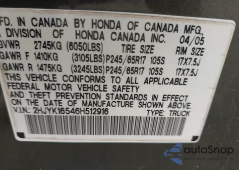 2006 Honda Ridgeline Rtl from USA, damaged, VIN 2HJYK16546H512916